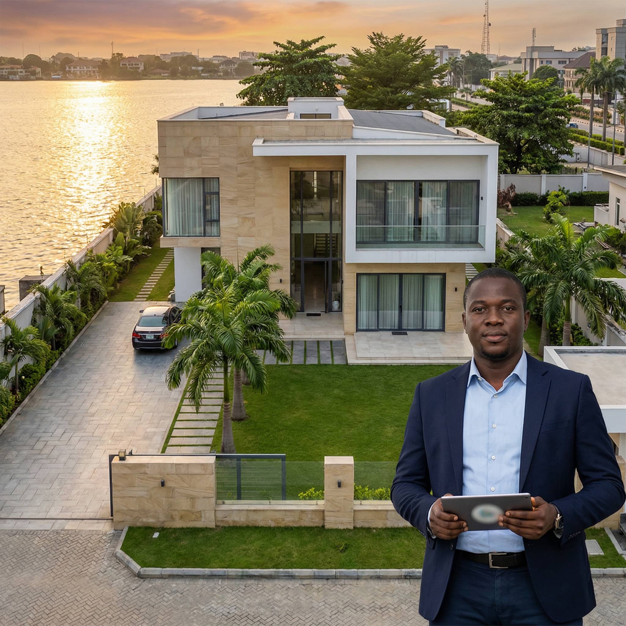 High-end property lifestyle with architectural background and natural lighting, reflecting local expertise and professional excellence.