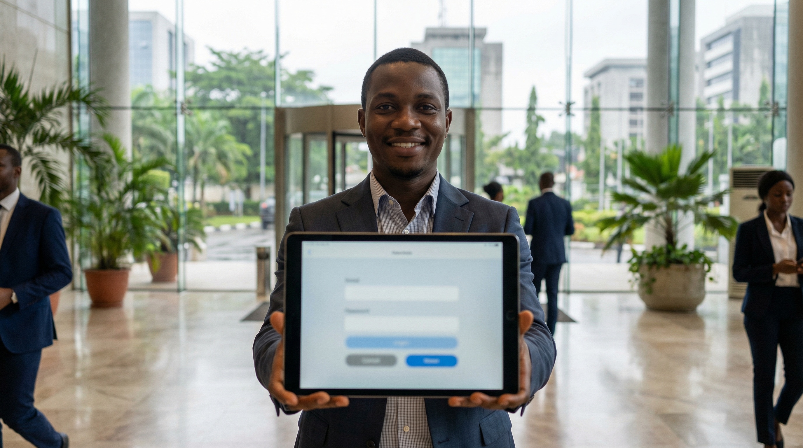 Professional with keys, welcoming gesture. Global connectivity and excellence.