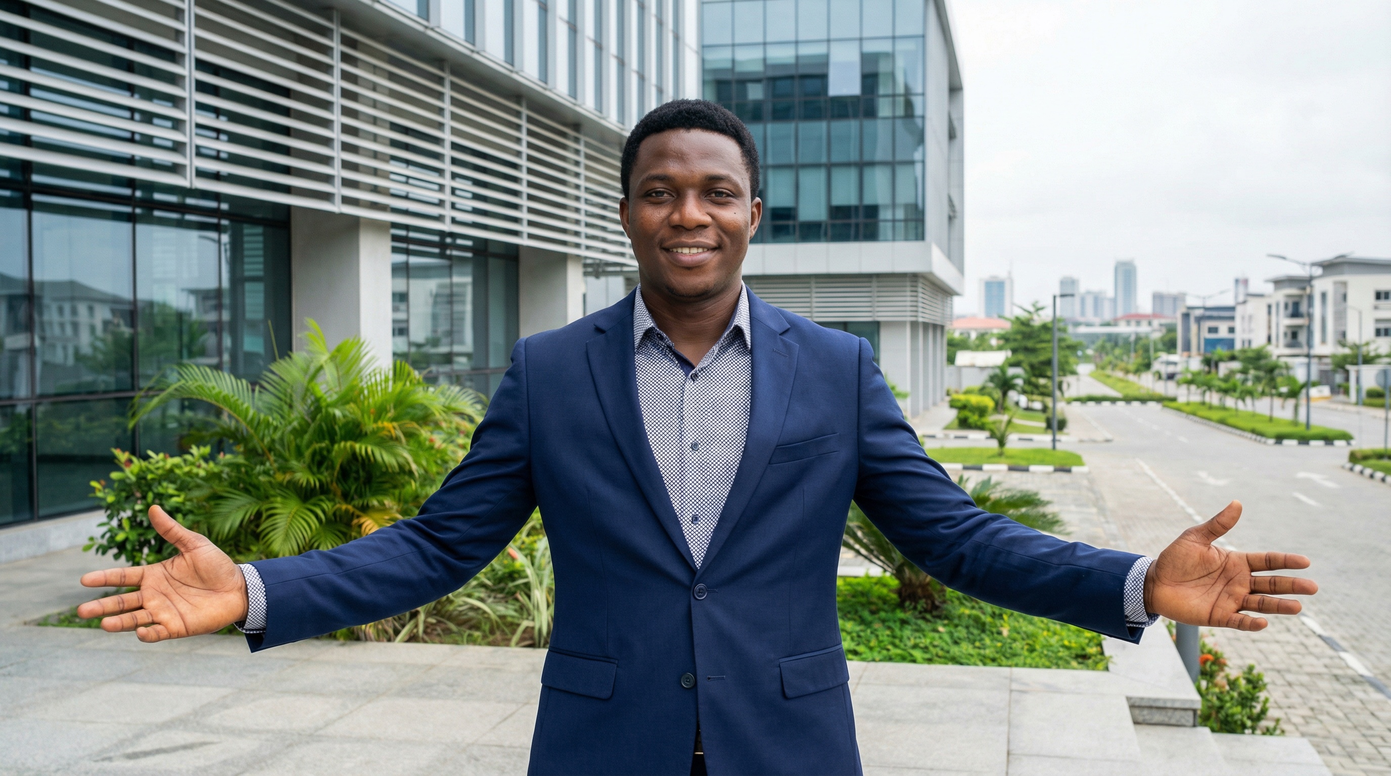 Professional with keys, welcoming gesture. Global connectivity and excellence.