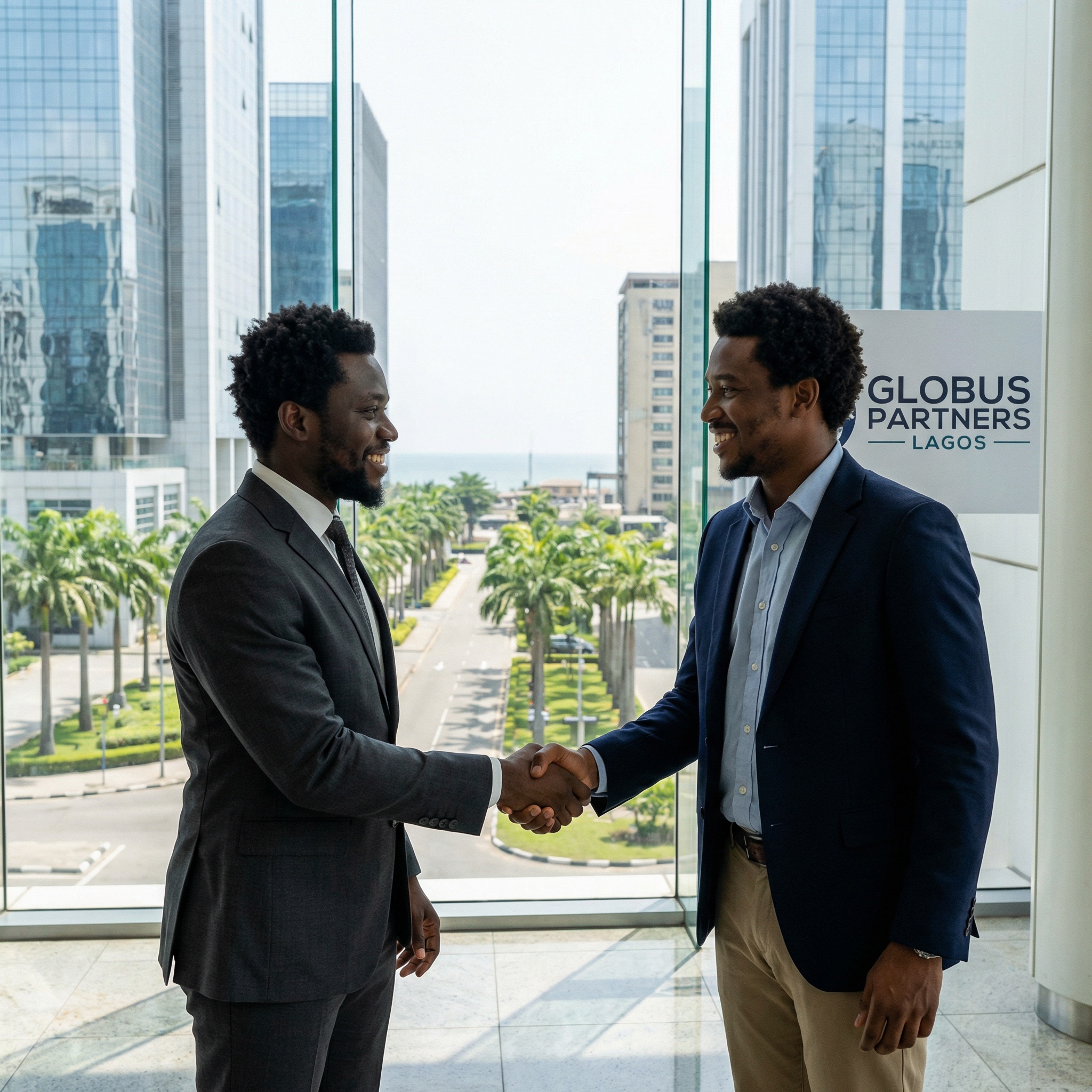 Professional with keys, welcoming gesture. Global connectivity and excellence.