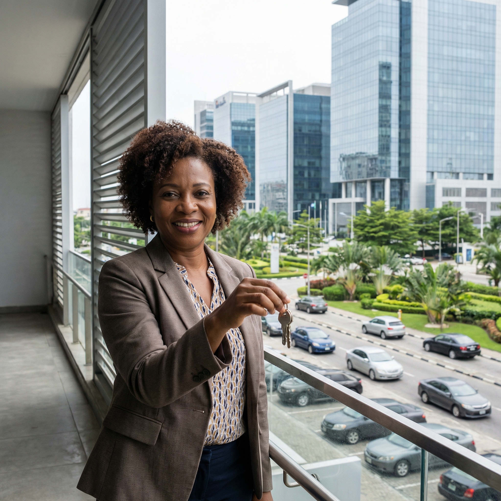 Professional with keys, welcoming gesture. Global connectivity and excellence.