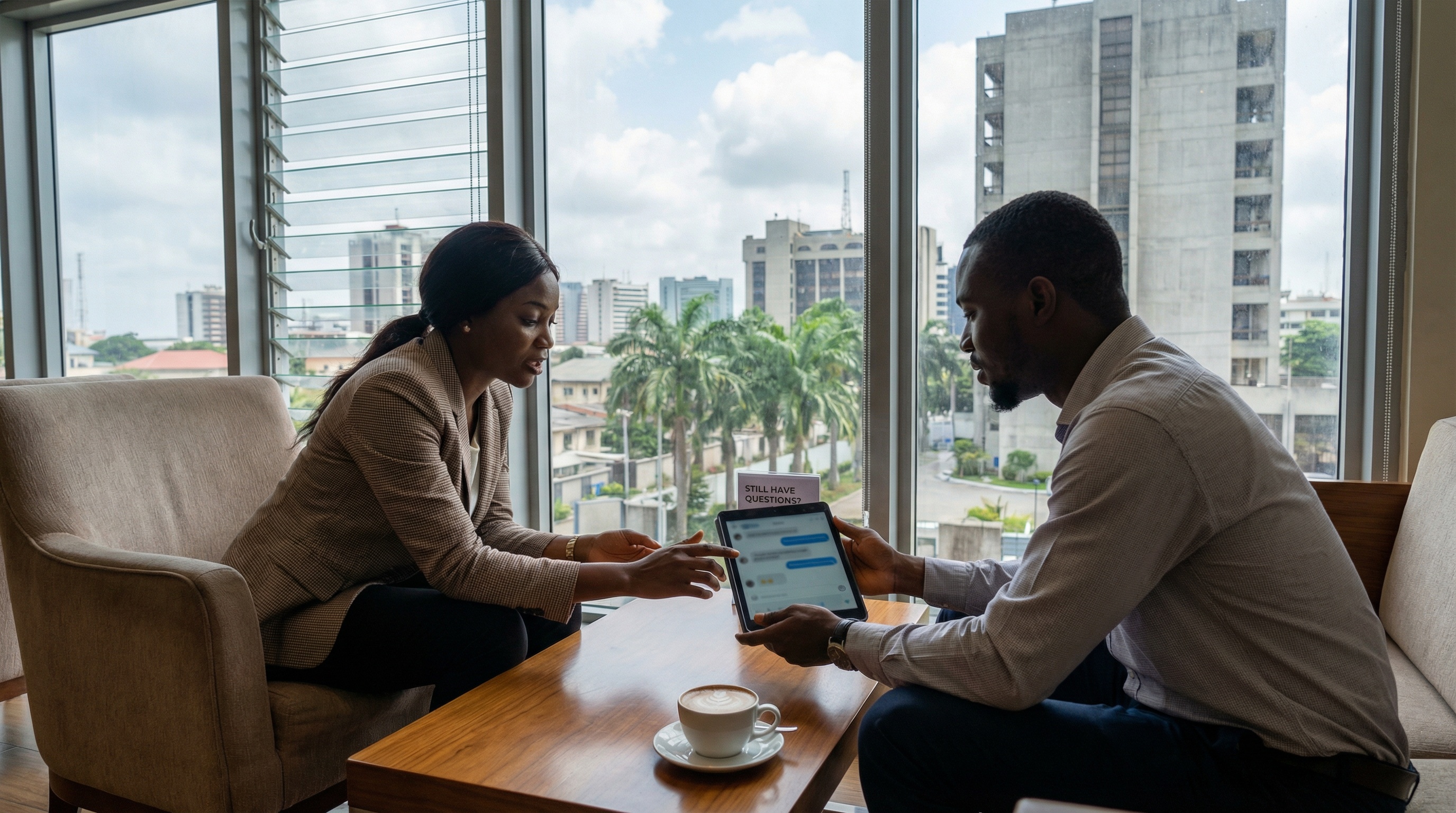 Professional with keys, welcoming gesture. Global connectivity and excellence.