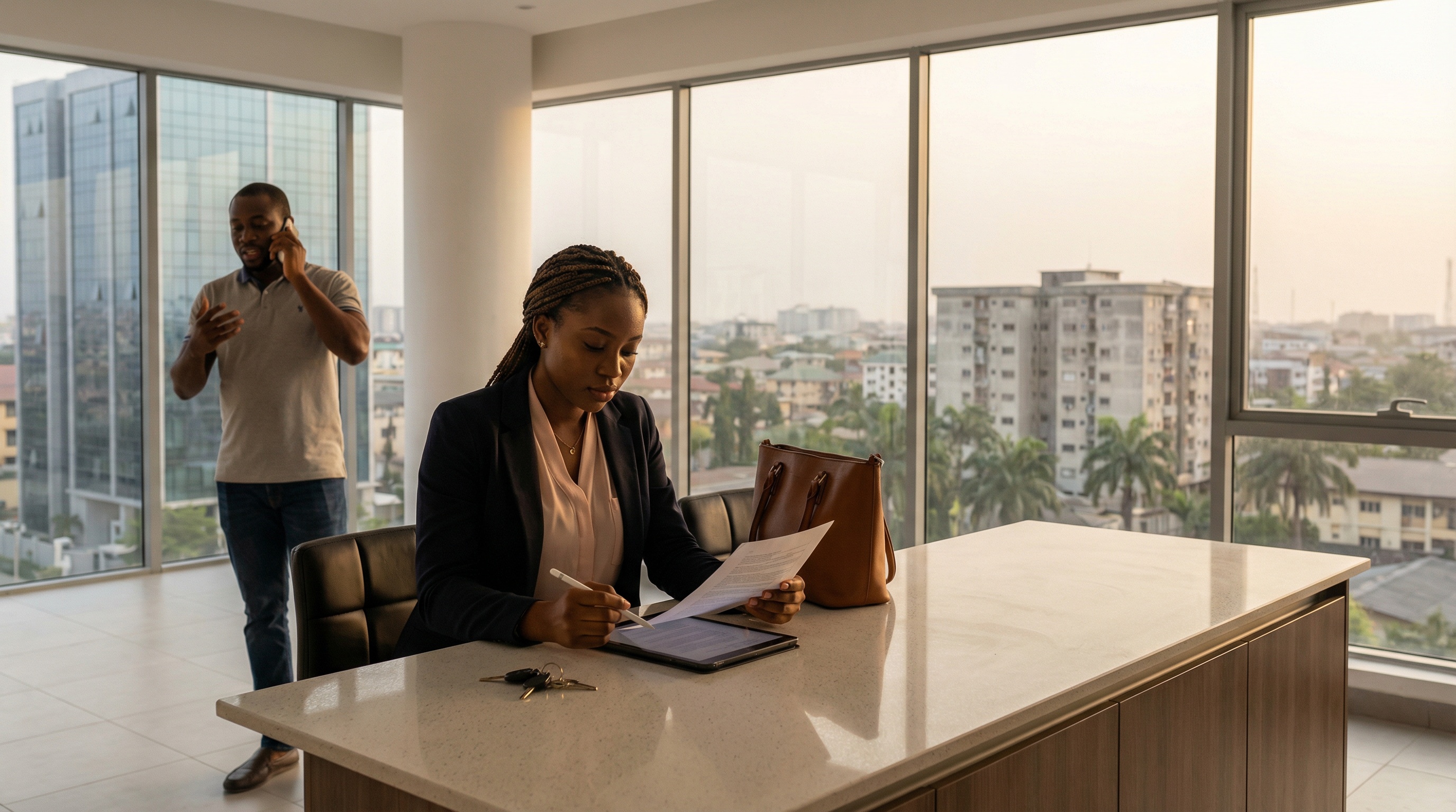 Modern luxury real estate: high-key lighting and architectural design, showcasing global connectivity and professional excellence.