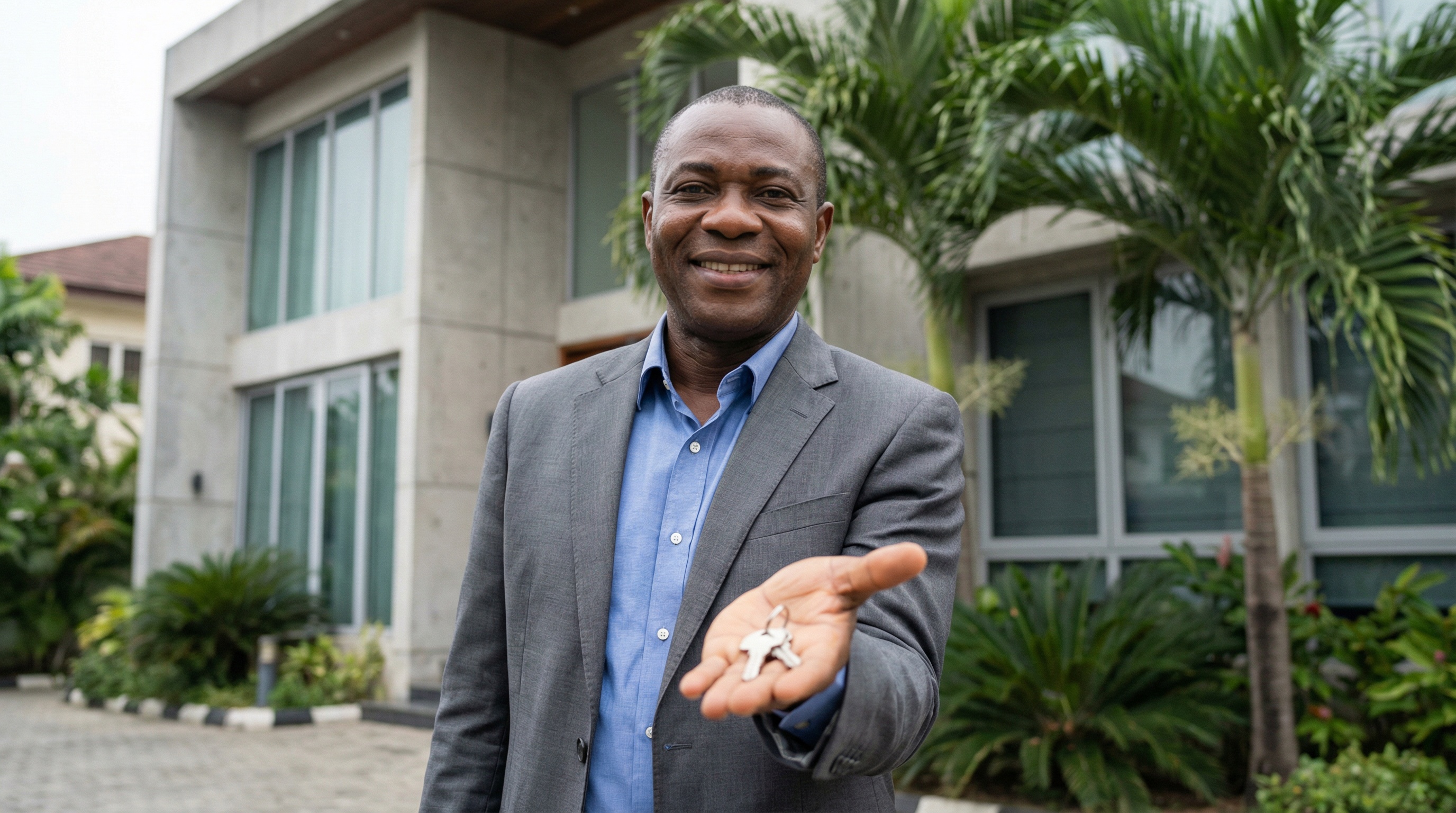 Professional with keys, welcoming gesture. Global connectivity and excellence.