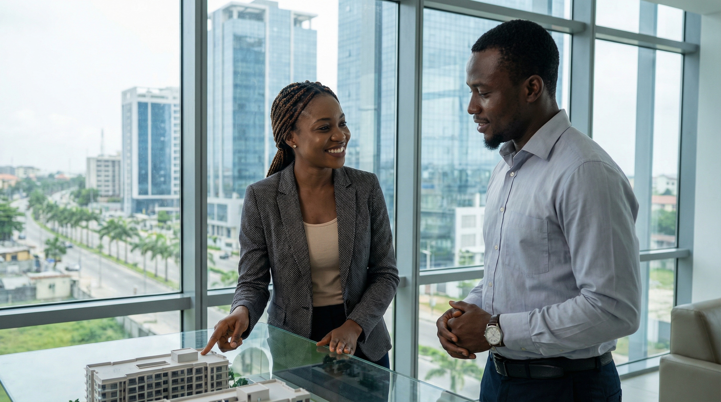 Modern luxury real estate: high-key lighting and architectural design, showcasing global connectivity and professional excellence.