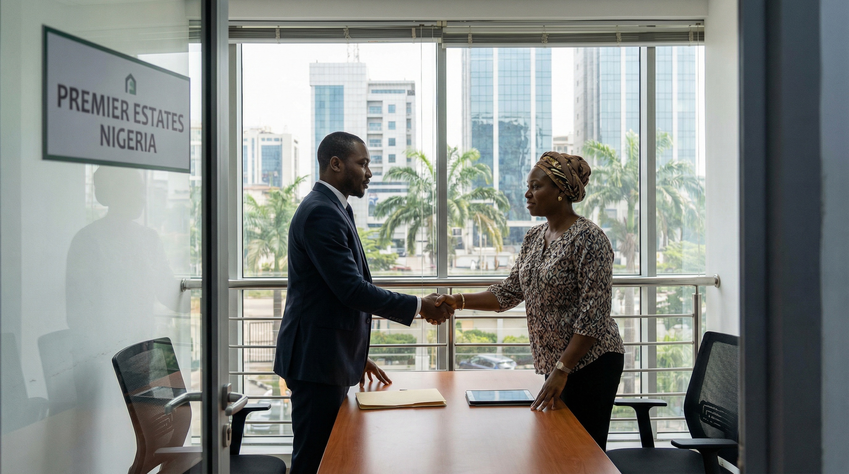 Professional with keys, welcoming gesture. Global connectivity and excellence.