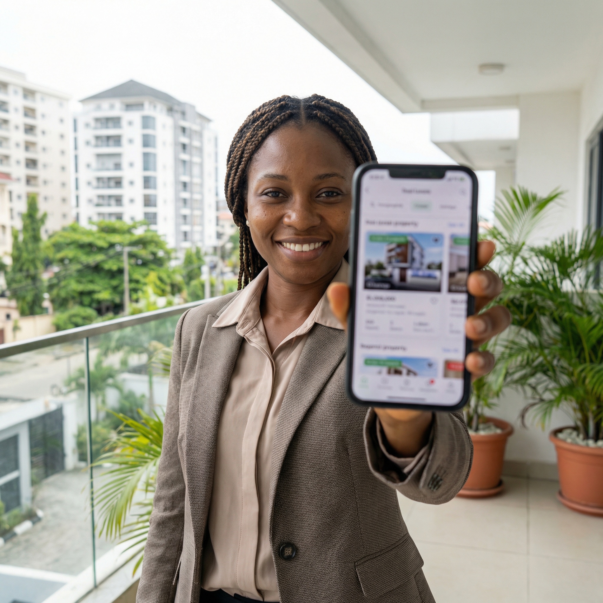 Photorealistic image: professional using HubQuery mobile app on smartphone, showcasing global connectivity and on-the-go property search.