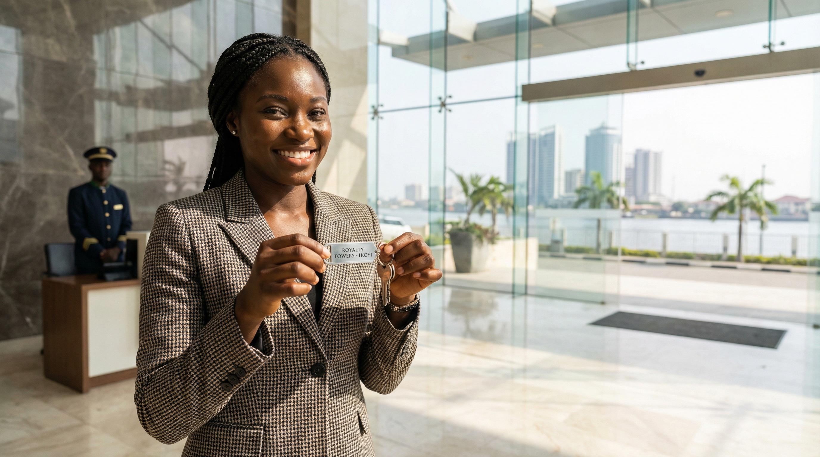 Professional with keys, welcoming gesture. Global connectivity and excellence.