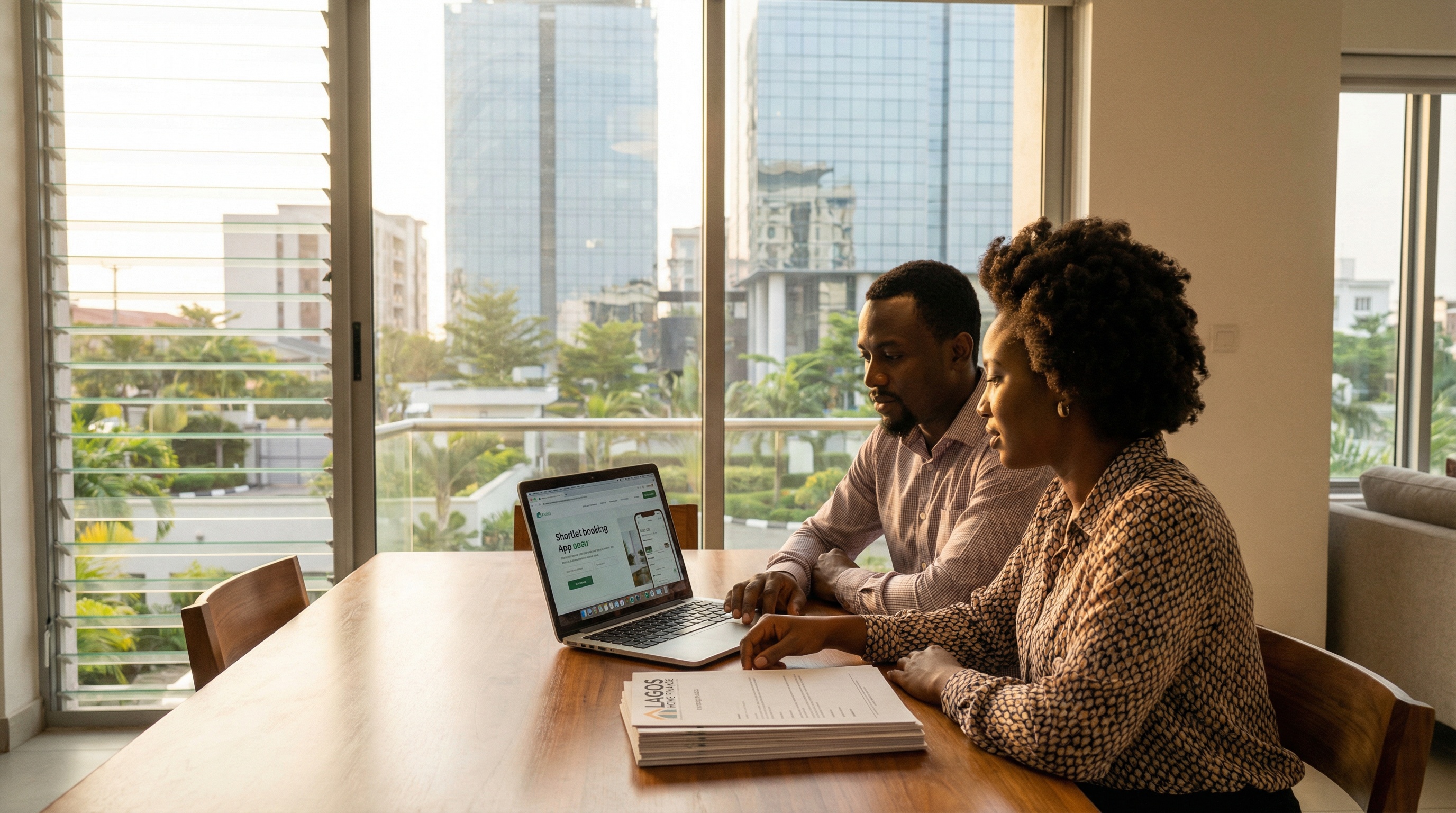 Nigerian professionals in a premium Lagos setting; global connectivity and professional excellence in real estate tools.