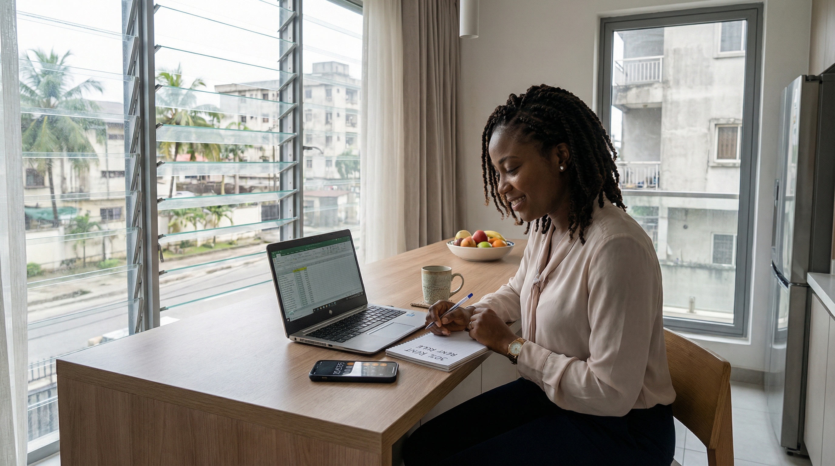 Nigerian renter planning rent budget in a premium Lagos rental setting; global connectivity and professional excellence.