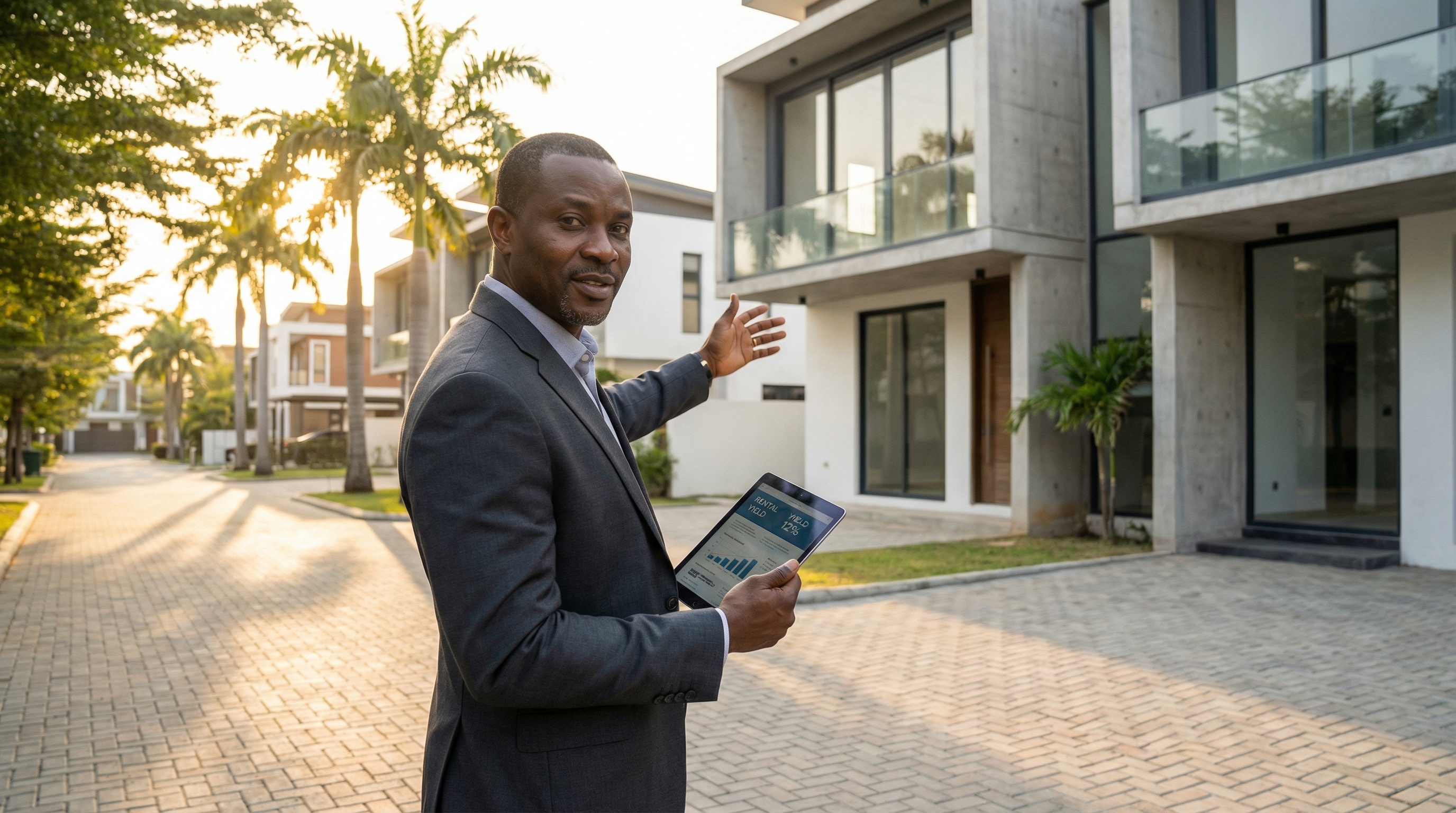 Nigerian professionals in a premium Lagos setting; global connectivity and professional excellence in real estate tools.