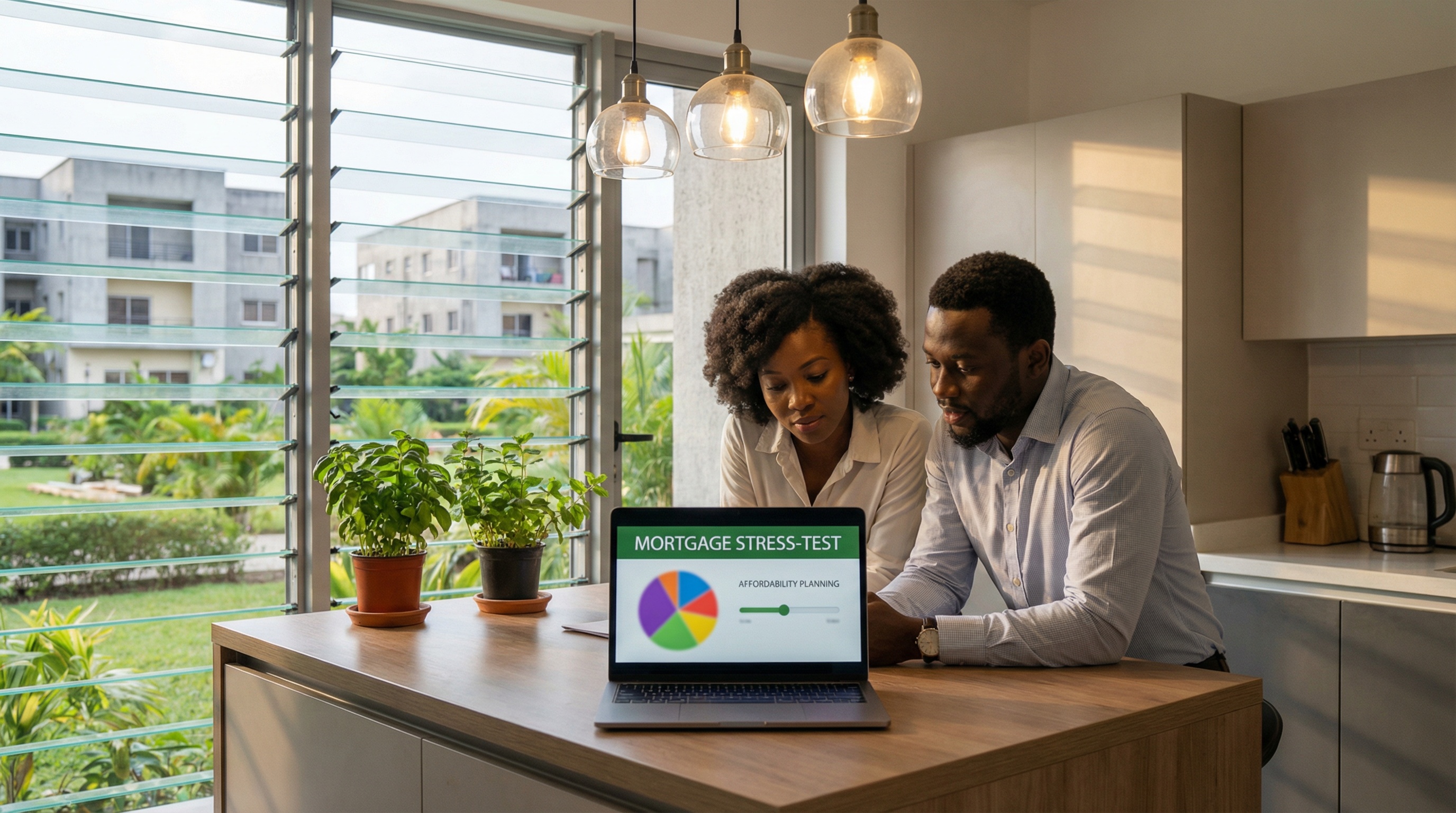 Affordability calculator: professionals reviewing budget and income for home purchase, modern desk, natural light, global connectivity and professional excellence.