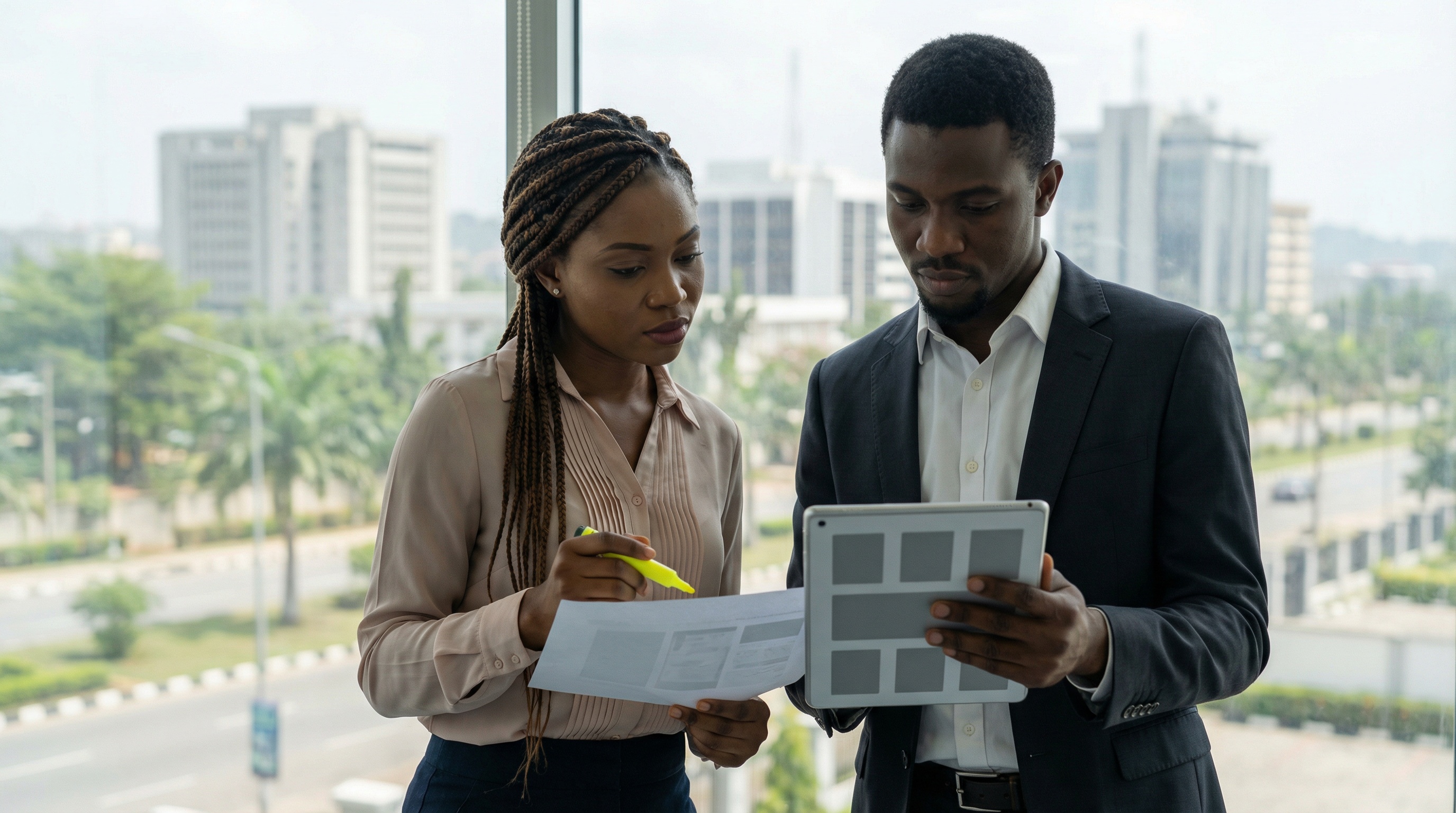 Mortgage calculator: professional in modern setting with financing documents and planning tools, showcasing global connectivity and professional excellence.