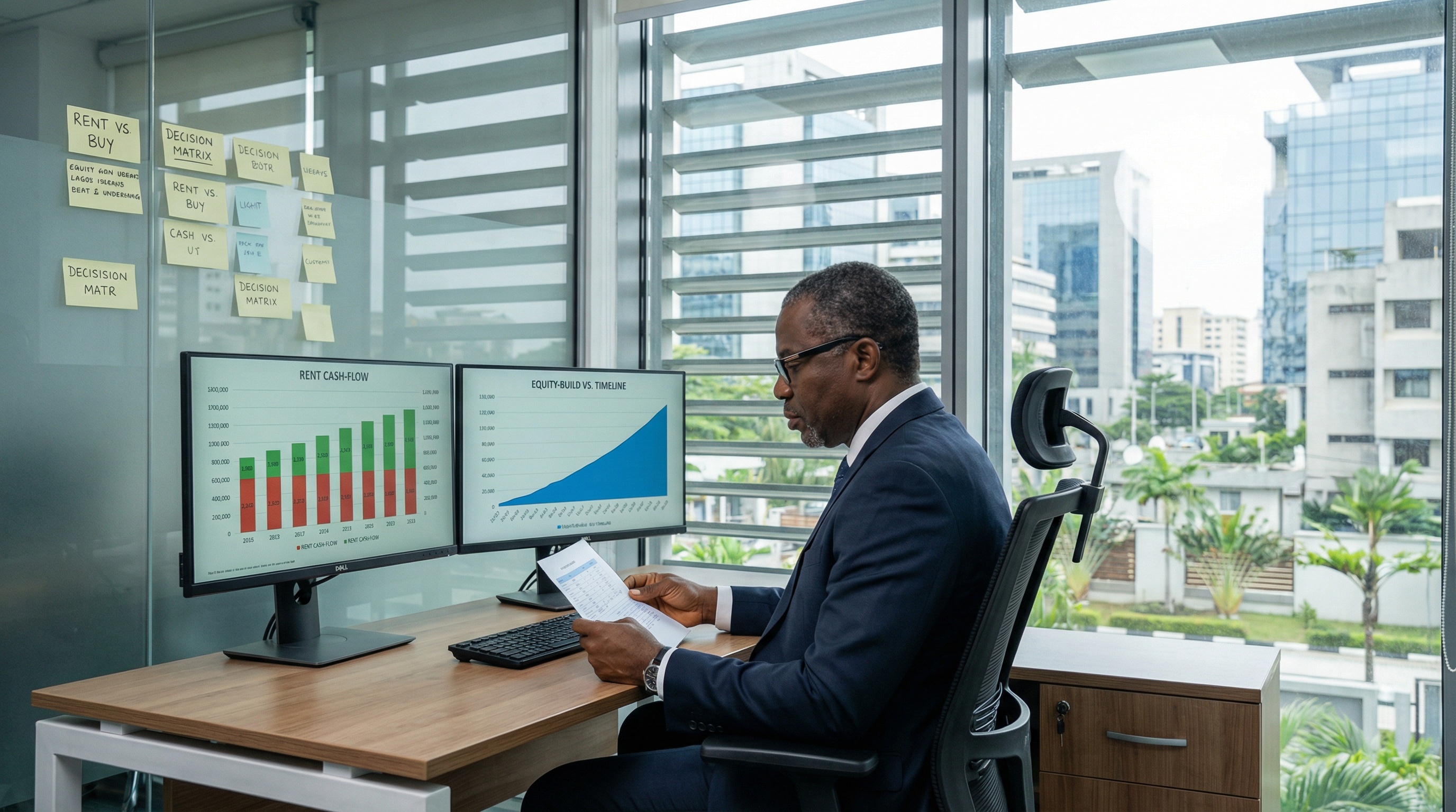 Rent vs buy calculator: professional comparing options with documents and calculator, decision-making, real estate planning, global connectivity and professional excellence.