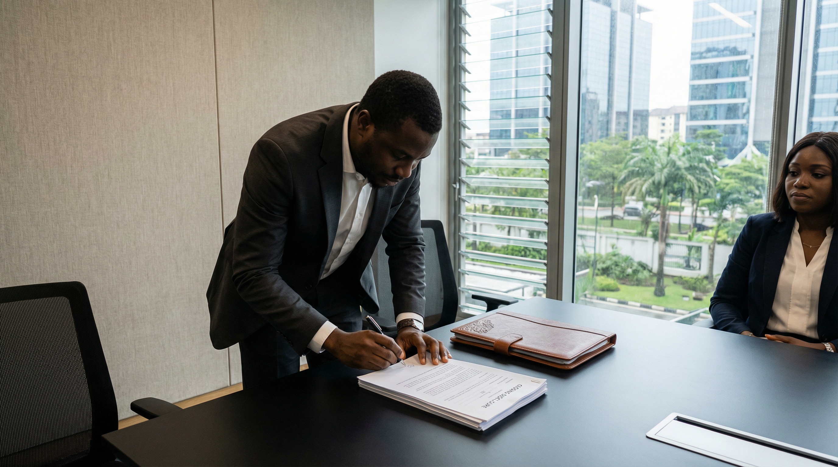 Nigerian professionals in a premium Lagos setting; global connectivity and professional excellence in real estate tools.