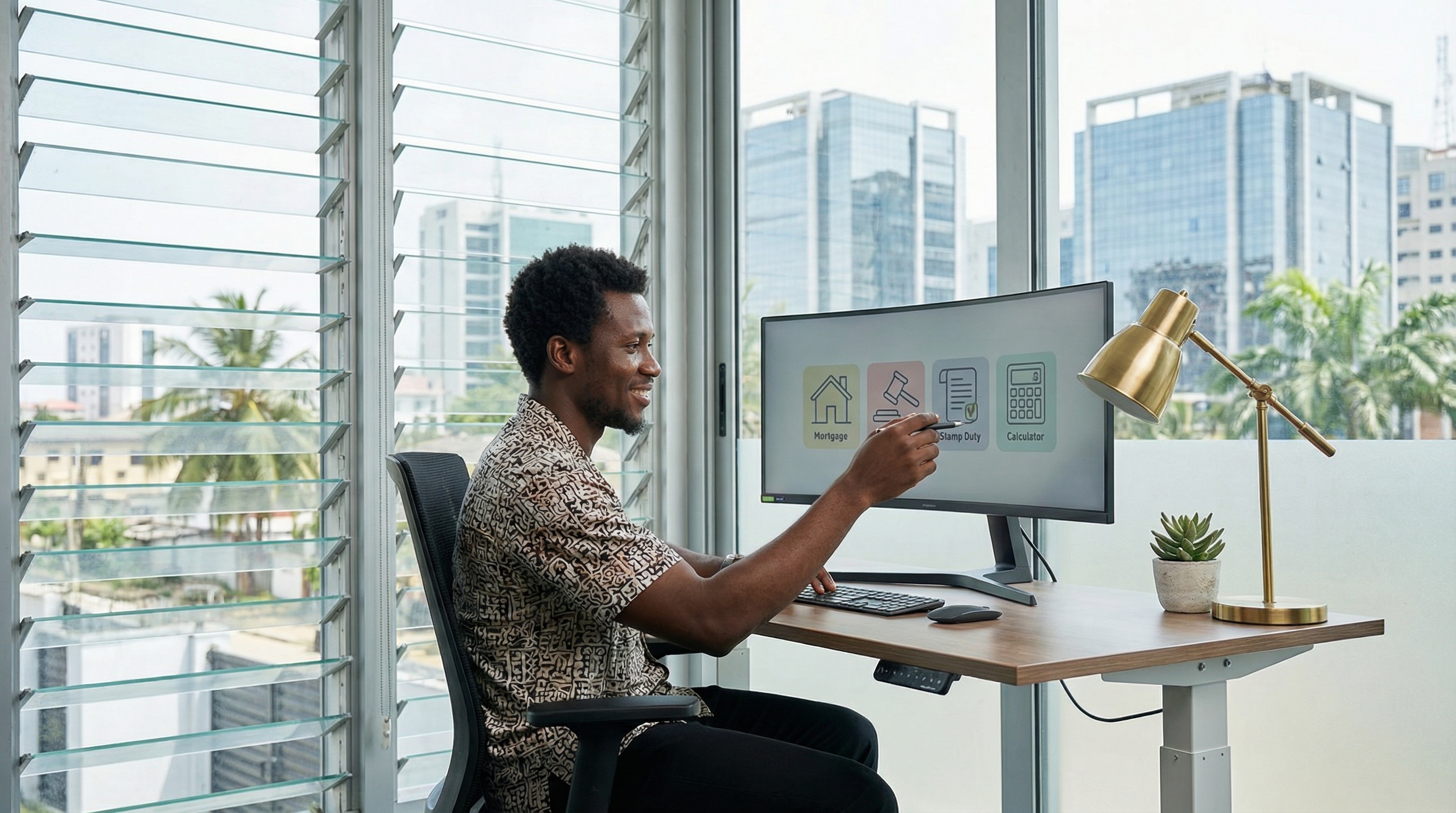 Nigerian professionals in a premium Lagos setting; global connectivity and professional excellence in real estate tools.