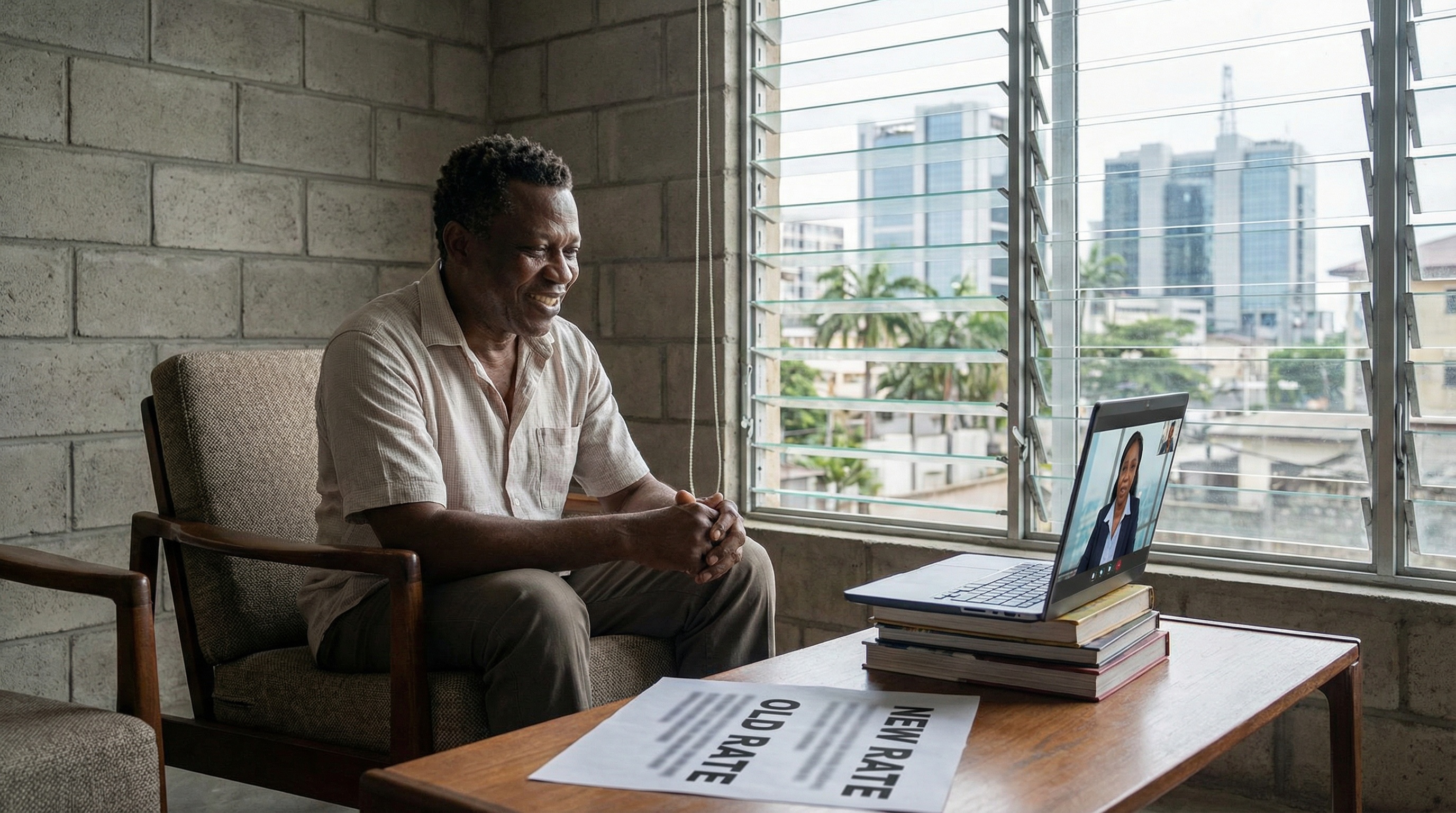 Refinance calculator: professional discussing refinance options with advisor or documents, natural light, global connectivity and professional excellence.