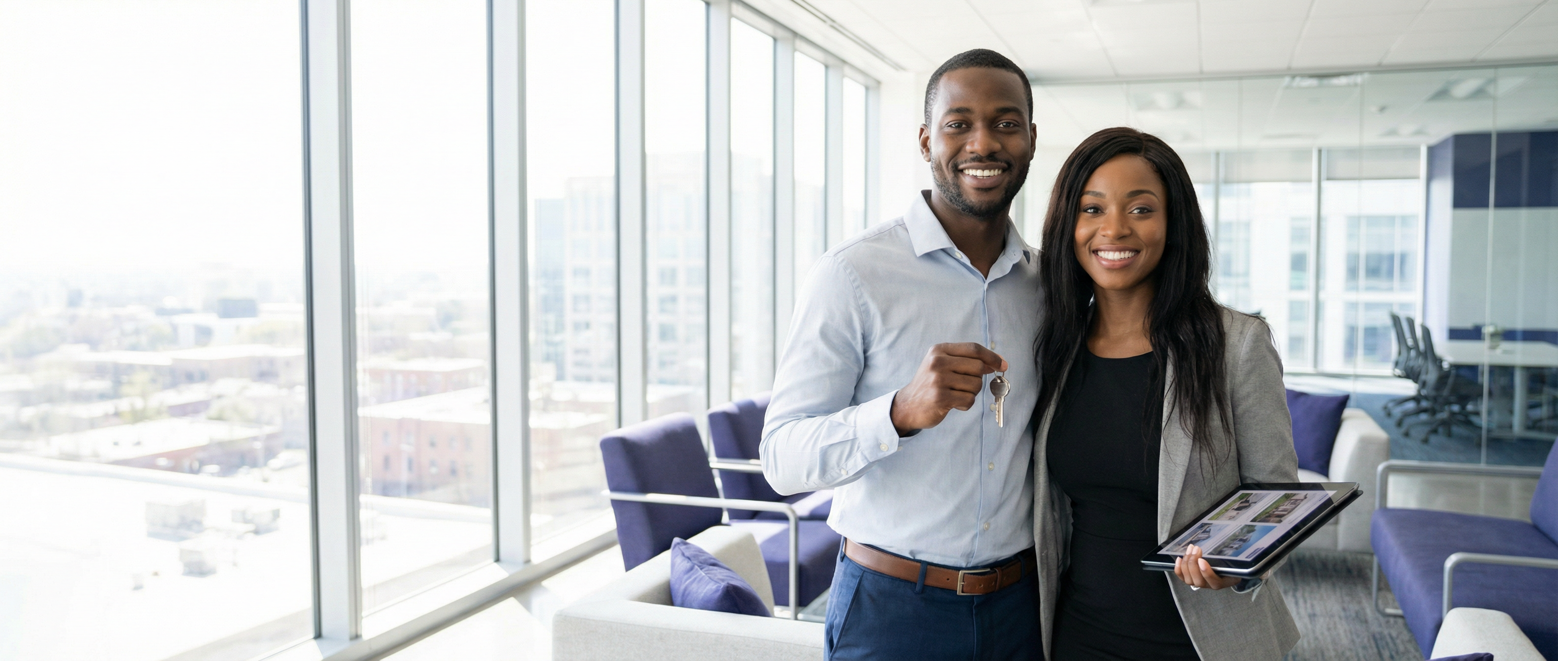 Professional with keys, welcoming gesture. Global connectivity and excellence.